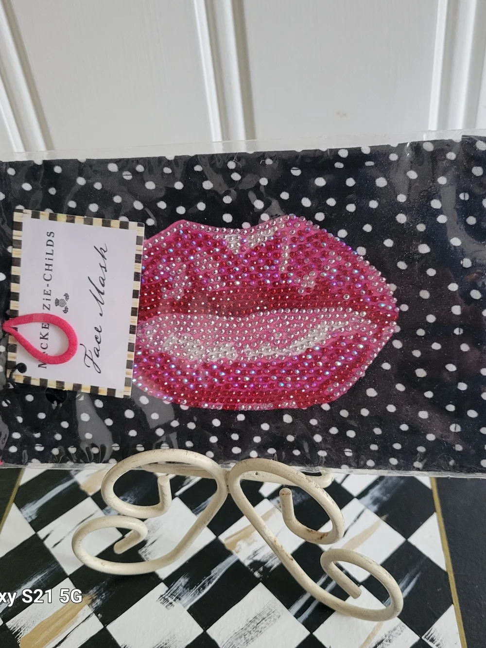 MacKenzie-Childs Pink Rhinestone Lip Face Mask - Black Polka Dot